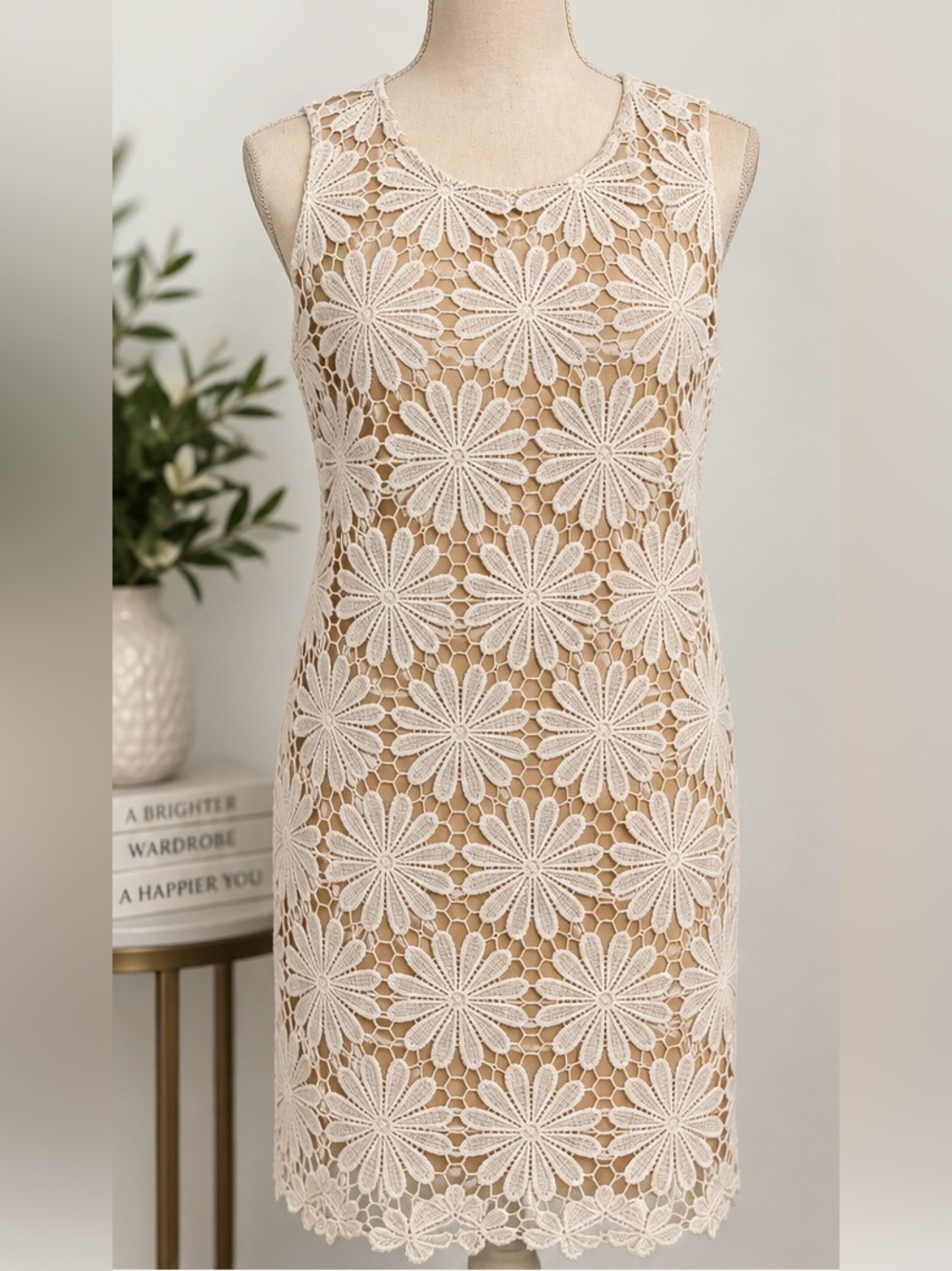 London Times Cream Floral Crochet Lace Tank Dress